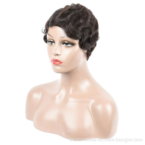 Wholesale Retro Water Finger Wave Short Pixie Cut Curly Bob Brazilian Human Hair Wigs For Black Women Cosplay Party